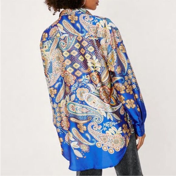 Nasty Gal Paisley Print Oversized Button Down Shirt Cobalt US 10 - Picture 7 of 12